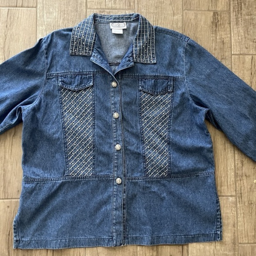 St. Germain Paris Vintage Blue Denim Long Jacket Sparkly Panels & Buttons XL
